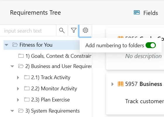 Requirement tree automatic folder numbering